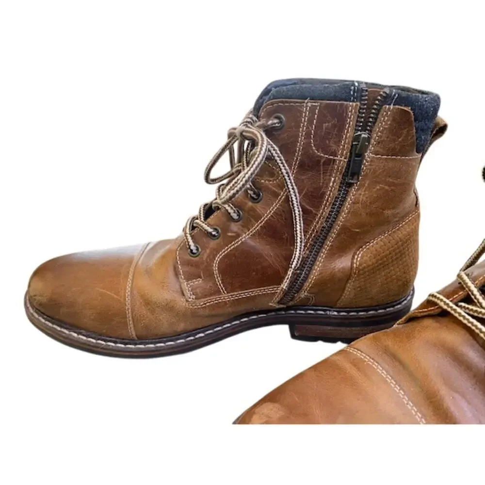 Crevo Mens‎ Chestnut Brown Leather Hammersmith Ankle Boots Sz 12 Lace-Up & Zip